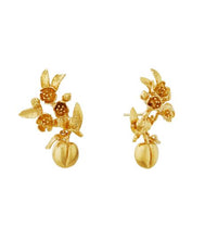 Load image into Gallery viewer, Peach Blossom Branch Climber Earrings with Hanging Peaches, Goldplate