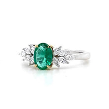 Load image into Gallery viewer, Platinum & 18ct Yellow Gold, 0.58ct Emerald & Diamond Feather Ring