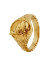 Load image into Gallery viewer, Ornately Engraved Signet Ring with Sleeping Hare, Goldplate