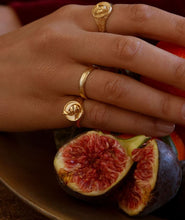 Load image into Gallery viewer, Ornately Engraved Signet Ring with Sleeping Hare, Goldplate