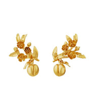 Load image into Gallery viewer, Peach Blossom Branch Climber Earrings with Hanging Peaches, Goldplate