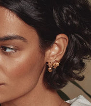 Load image into Gallery viewer, Peach Blossom Branch Climber Earrings with Hanging Peaches, Goldplate