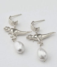 Load image into Gallery viewer, Tyrannosaurus Rex & Baroque Pearl Earrings, Sterling Silver