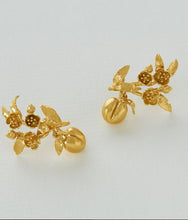 Load image into Gallery viewer, Peach Blossom Branch Climber Earrings with Hanging Peaches, Goldplate