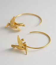 Load image into Gallery viewer, Hummingbird Hoop Earrings, Goldplate