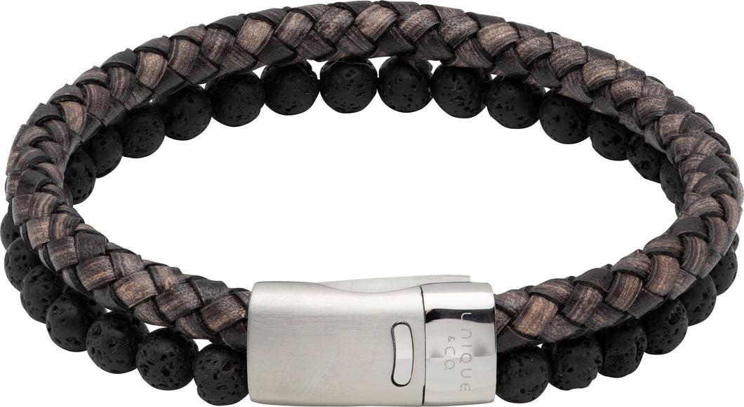 Aged Black Leather Bracelet With Lava Stone