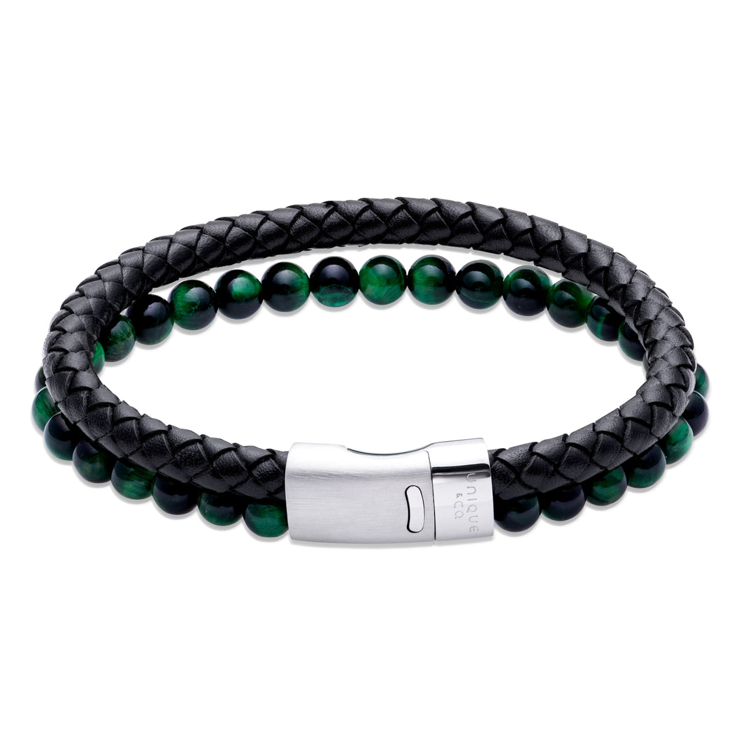 Black Leather Bracelet With Green Tigers Eye