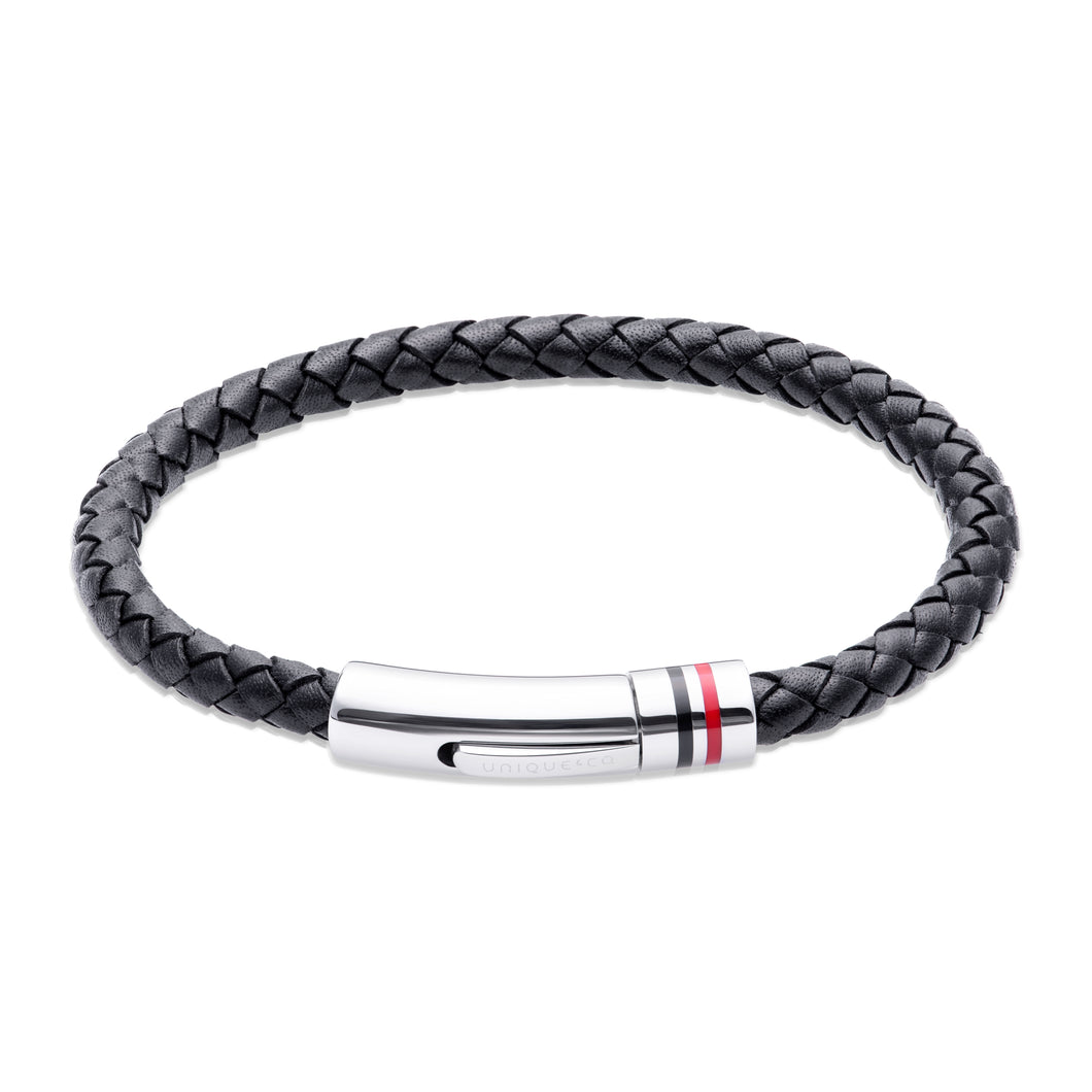 Black Leather Bracelet With Striped Clasp
