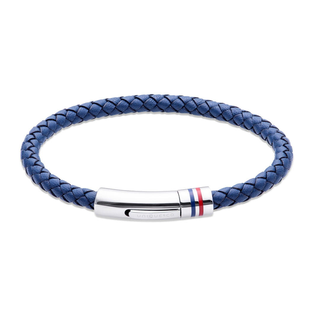 Navy Blue Leather Bracelet With Striped Clasp