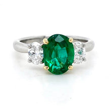 Load image into Gallery viewer, Platinum &amp; 18ct Yellow Gold, 1.46ct Emerald &amp; Diamond Trilogy Ring
