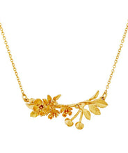 Load image into Gallery viewer, Cherry Blossom Branch Necklace with Hanging Cherries, Goldplate
