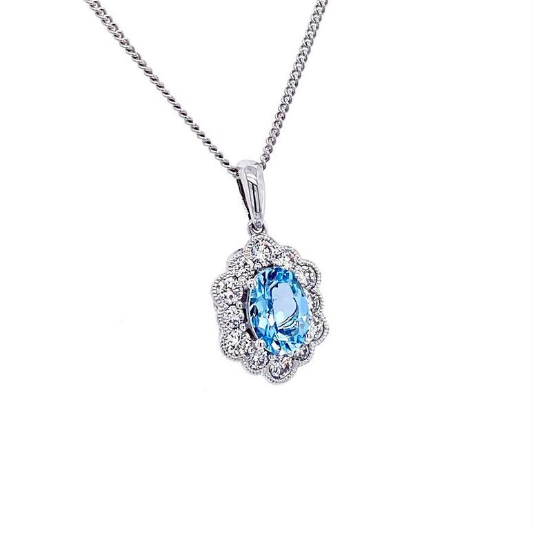 18ct White Gold, 0.70ct Aquamarine & Diamond Cluster Pendant