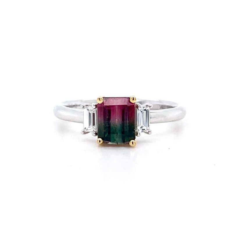 Platinum & 18ct Yellow Gold, 1.02ct Bi-colour Tourmaline & Diamond Trilogy Ring