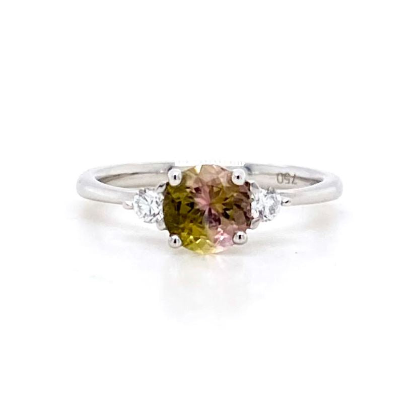 18ct White Gold, 0.96ct Bi-colour Tourmaline & Diamond Trilogy Ring