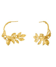 Load image into Gallery viewer, Lemon Blossom Branch Hoop Earrings with Hanging  Lemons, Goldplate
