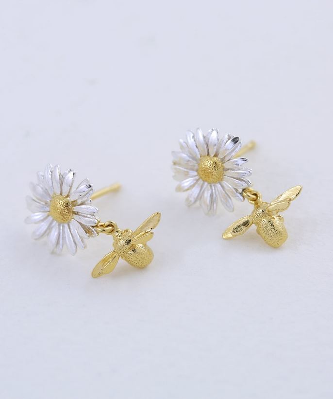 Daisy Stud Earrings with Teeny Tiny Bee Drops, Silver & Goldplate
