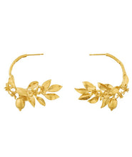 Load image into Gallery viewer, Lemon Blossom Branch Hoop Earrings with Hanging  Lemons, Goldplate
