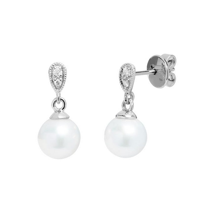 18ct White Gold, Pearl & Diamond Drop Earrings
