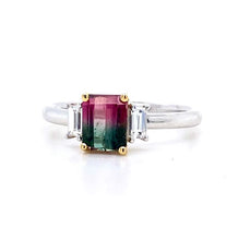 Load image into Gallery viewer, Platinum &amp; 18ct Yellow Gold, 1.02ct Bi-colour Tourmaline &amp; Diamond Trilogy Ring
