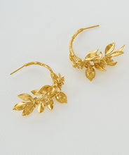 Load image into Gallery viewer, Lemon Blossom Branch Hoop Earrings with Hanging  Lemons, Goldplate
