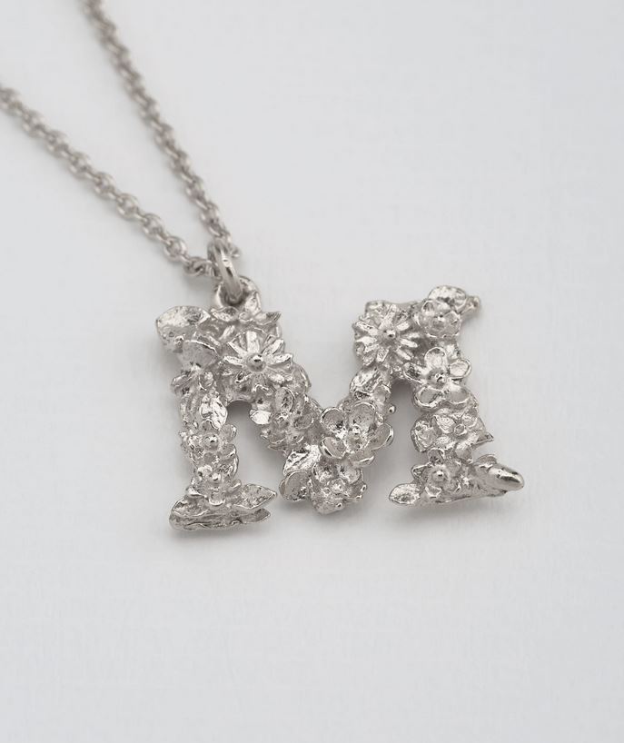 Floral Letter 'M' Necklace, Sterling Silver