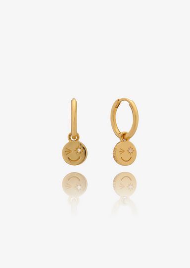 Happy Face Huggie Hoop Earrings, Goldplate