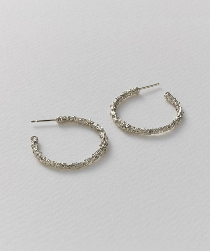 Pine Twig Hoop Earrings, Silver