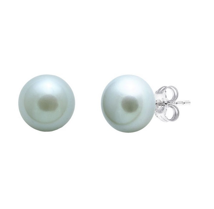 Sterling Silver, Grey Button Pearl Stud Earrings
