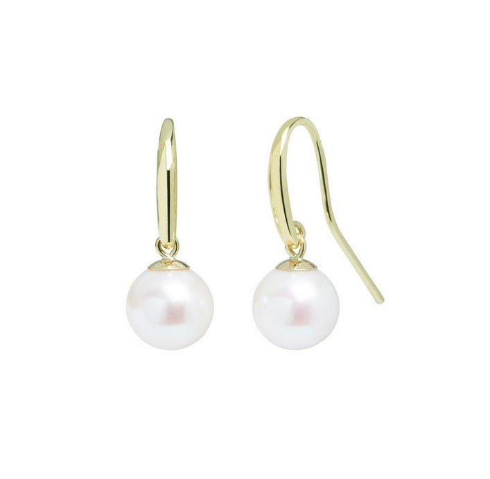 9ct Yellow Gold, White Pearl Shepherd Crook Earrings