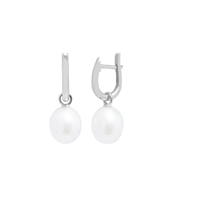 Sterling Silver, White Pearl Stirrup Hoop Earrings