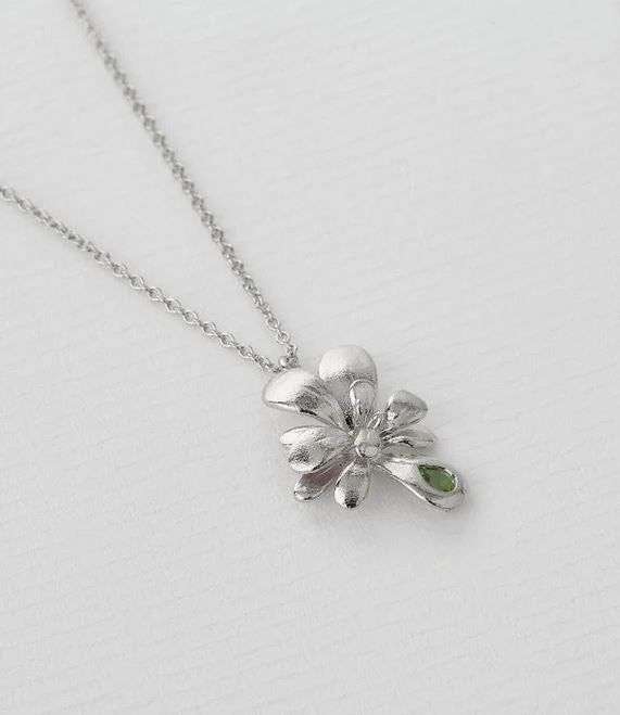 Single Rosette Necklace set with Teardrop Peridot, Sterling Silver