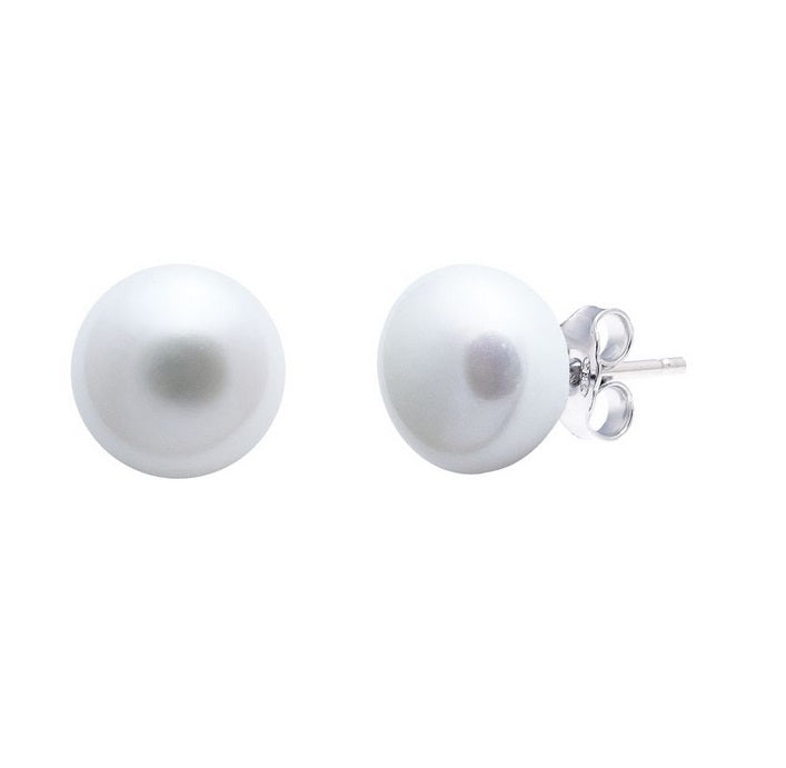 Sterling Silver, White, Button Pearl Stud Earrings