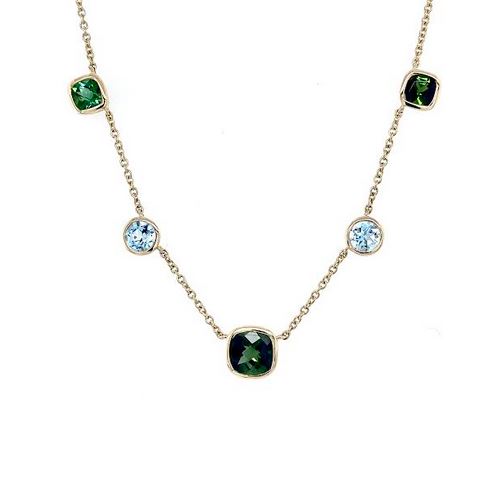 9ct Yellow Gold, 1.34ct Tourmaline and 0.53ct Aquamarine Necklace