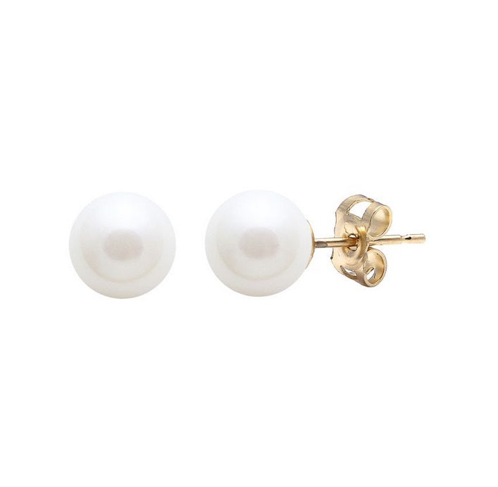 9ct Yellow Gold, White Round Pearl Stud Earrings