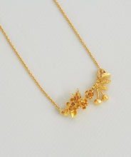 Load image into Gallery viewer, Cherry Blossom Branch Necklace with Hanging Cherries, Goldplate
