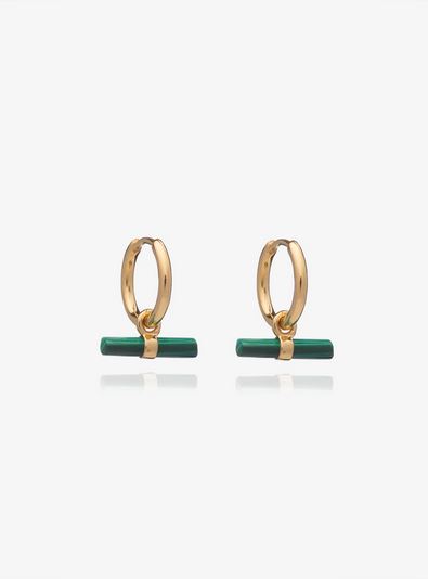 Mini T-Bar Malachite Huggie Hoops, Goldplate
