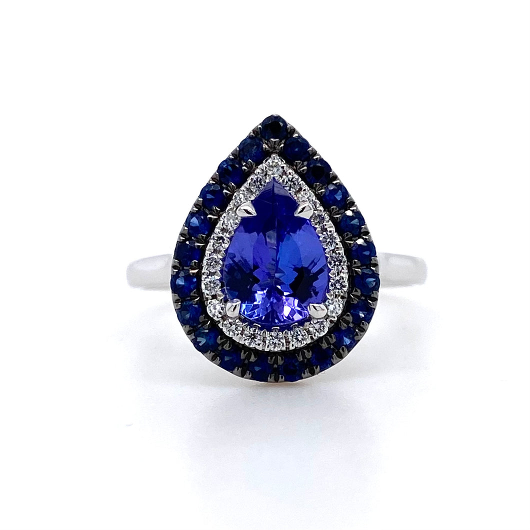 18ct White Gold, 0.90ct Tanzanite, Diamond, & Sapphire Double Cluster Ring