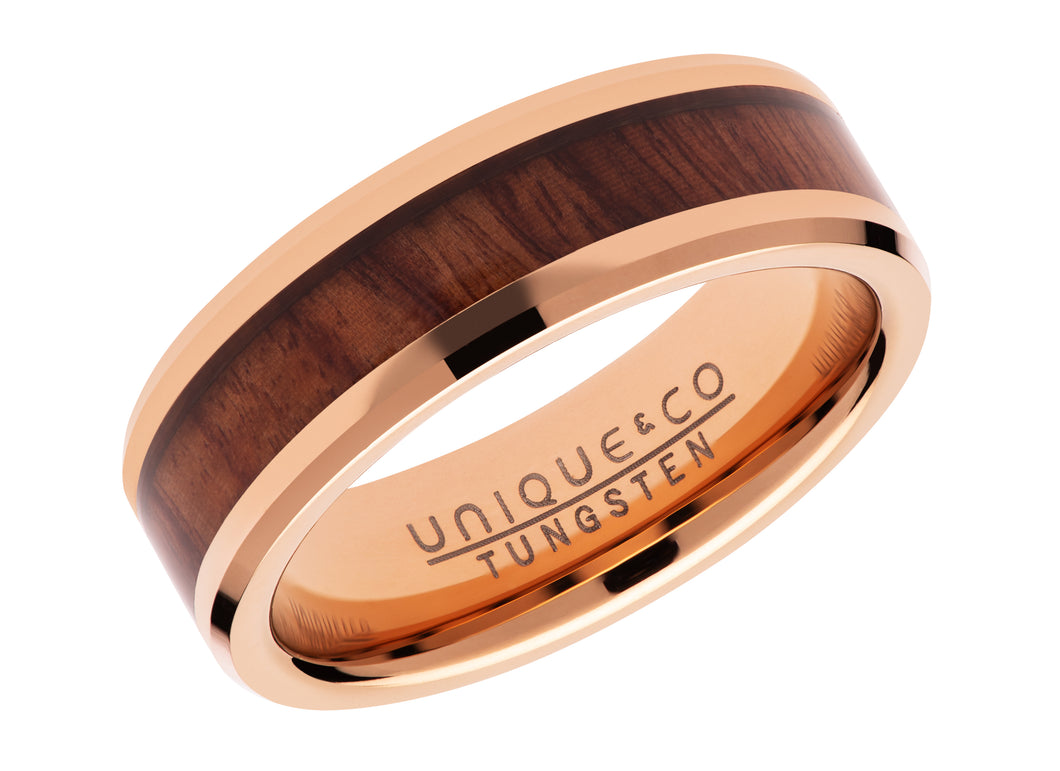 Tungsten Carbide Ring with Wood Inlay and Rose Plating