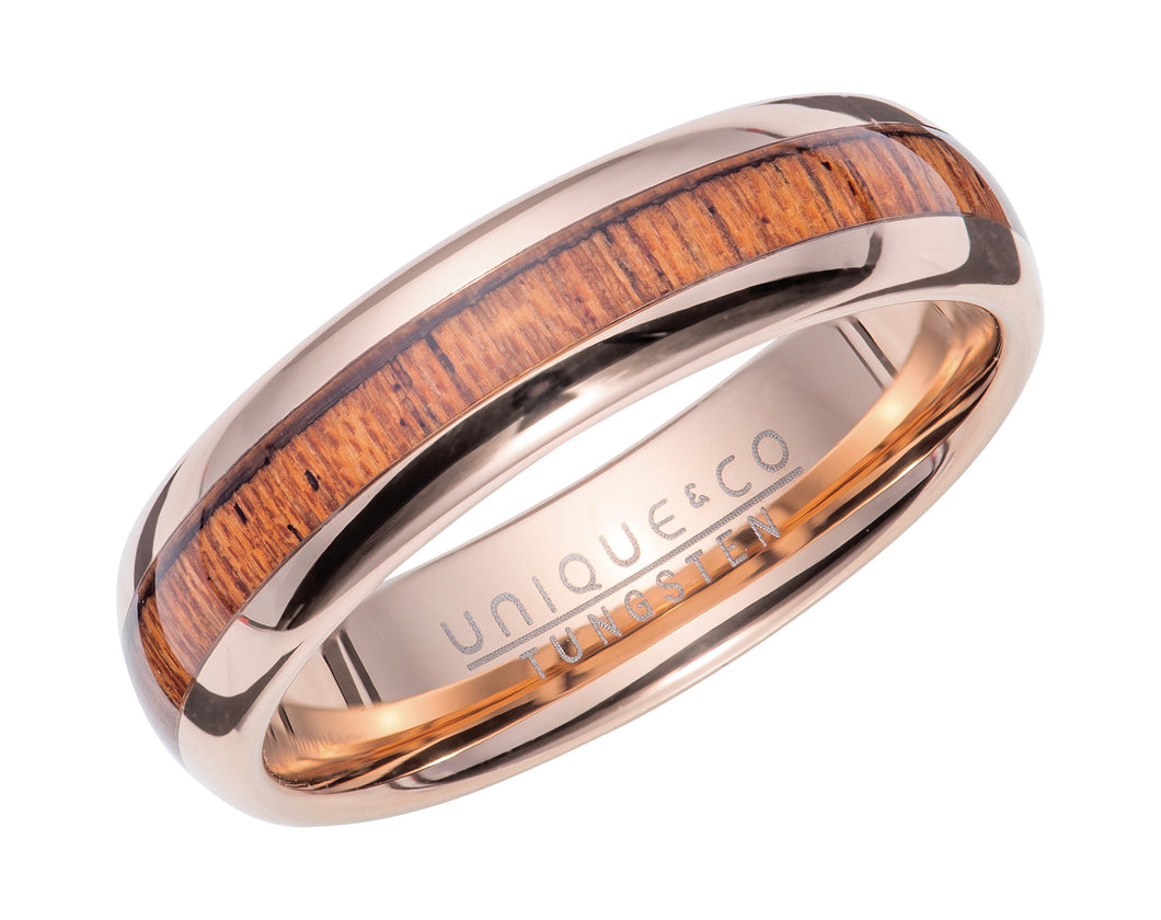 Tungsten Carbide Ring with Wood Inlay and Rose Plating