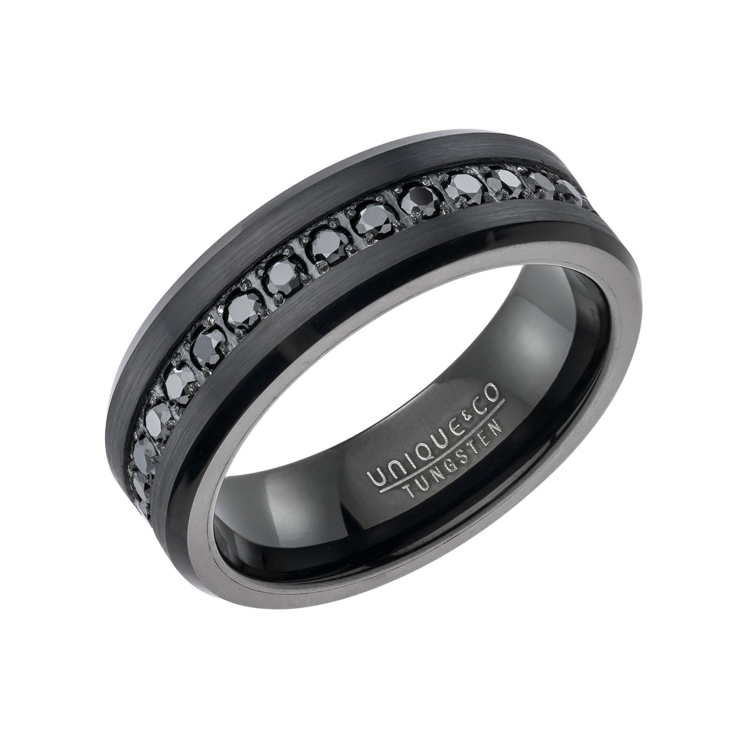 Tungsten Carbide Ring with Black Plating & Black Cubic Zirconia