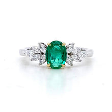 Load image into Gallery viewer, Platinum &amp; 18ct Yellow Gold, 0.58ct Emerald &amp; Diamond Feather Ring
