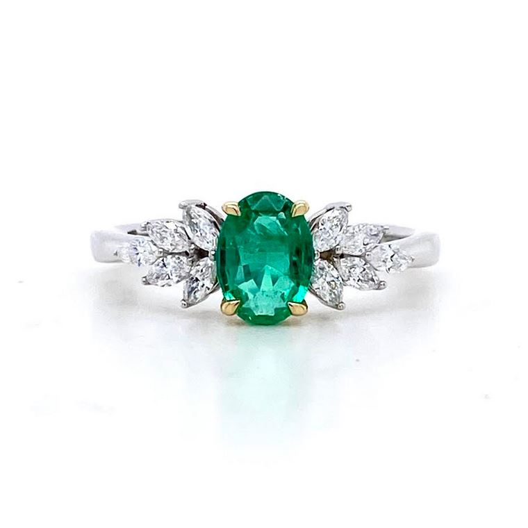 Platinum & 18ct Yellow Gold, 0.58ct Emerald & Diamond Feather Ring