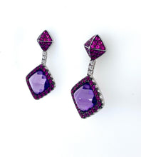 Load image into Gallery viewer, 18ct Amethyst, Diamond &amp; Sapphire Cluster Earrings

